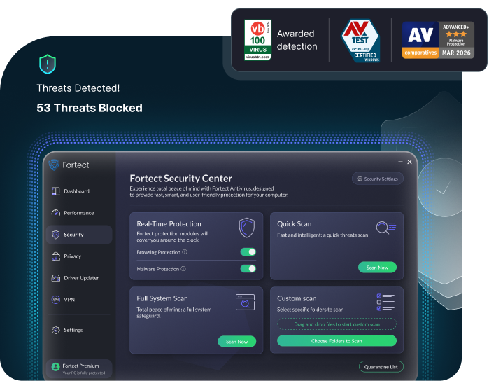 Fortect Antivirus dashboard showing scan results